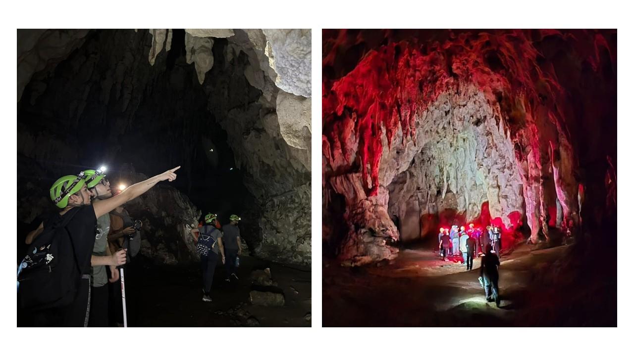 Dos fotos de gente explorando una cueva. 