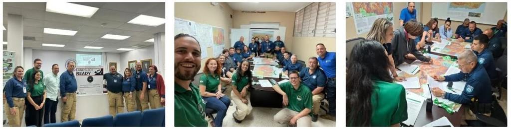 Tres fotos de personas reuniéndose en una sala de la Oficina de Mitigación Ante Deslizamientos de tierra en Puerto Rico)