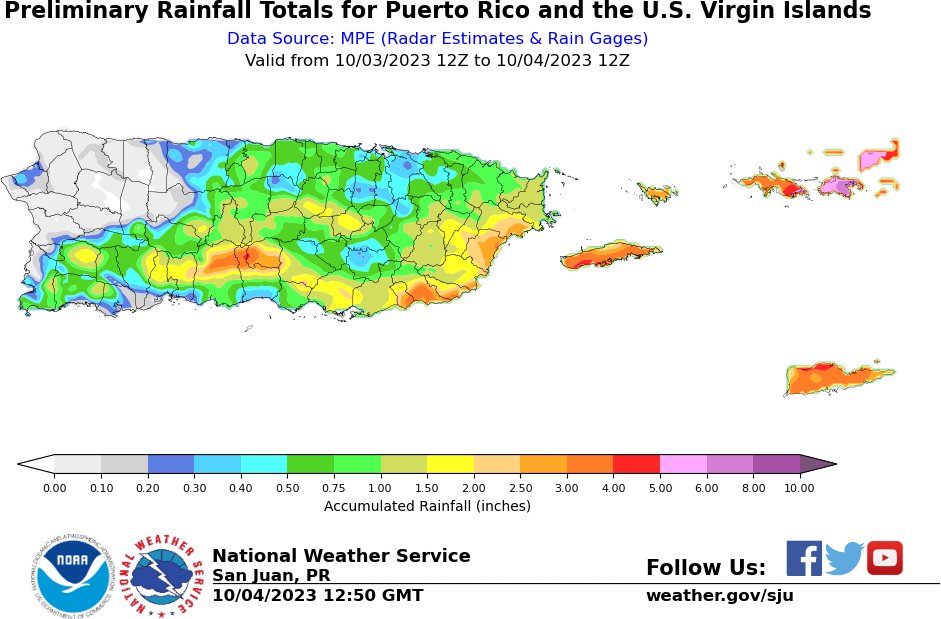 Mapa que muestra los totales de lluvia con cantidades más altas entre 3 y 5 pulgadas en Vieques, Culebra y las Islas Vírgenes Estadounidenses. Estimaciones similares en áreas localizadas en el sur de Puerto Rico.
Map showing rainfall totals with highest amounts between 3 to 5 inches across Vieques, Culebra and USVI. Similar estimates in localized areas in the south of Puerto Rico.