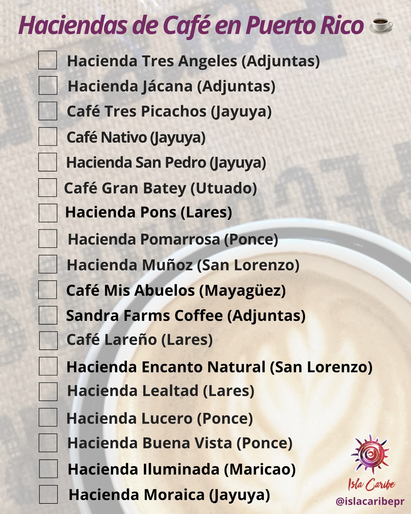 May be an image of coffee cup, coffee and text that says 'Haciendas de Café en Puerto Rico Hacienda Tres Angeles (Adjuntas) Hacienda Jácana (Adjuntas) Café Tres Picachos (Jayuya) Café Nativo (Jayuya) Hacienda San Pedro (Jayuya) Café Gran Batey (Utuado) Hacienda Pons (Lares) Hacienda Pomarrosa (Ponce) Hacienda Muñoz (San Lorenzo) Café Mis Abuelos (Mayagüez) Sandra Farms Coffee (Adjuntas) Café Lareño (Lares) Hacienda Encanto Natural (San Lorenzo) Hacienda Lealtad (Lares) Hacienda Lucero (Ponce) Hacienda Buena Vista (Ponce) Hacienda Iluminada (Maricao) Hacienda Moraica (Jayuya) Isla Caribe @islacaribepr'