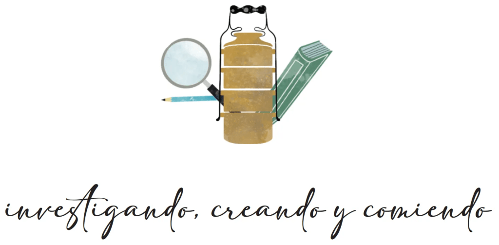 Ilustración de una botella, una lupa, un lápiz y un cuaderno, con el texto 'investigando, creando y comiendo' debajo.