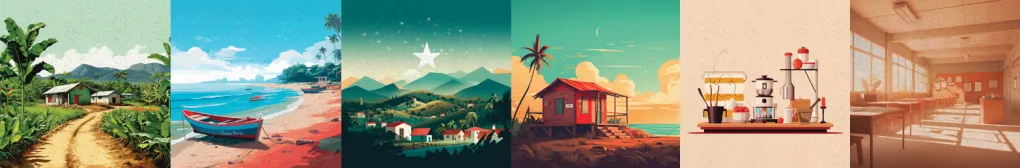 Paisaje rural con casas en un camino rodeado de vegetación.