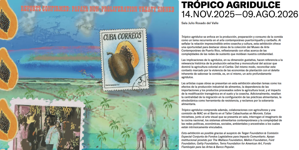 Fondo colorido con papayas en primer plano, un timbre postal de Cuba y un collage de imágenes, promoviendo la exposición 'Trópico Agrídulce' en la Sala Julio Rosado del Valle.