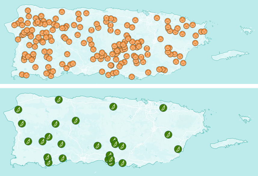 Mapa de Puerto Rico con varios puntos naranjas en la parte superior y puntos verdes en la parte inferior, representando diferentes ubicaciones.