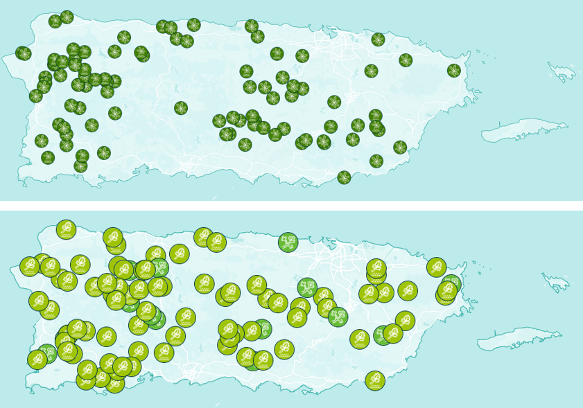 Mapa de Puerto Rico con marcadores verdes que indican ubicaciones en la parte superior e inferior de la isla.