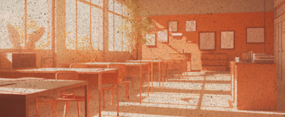 Aula iluminada con paredes naranjas, mesas y sillas organizadas, grandes ventanales y plantas decorativas.