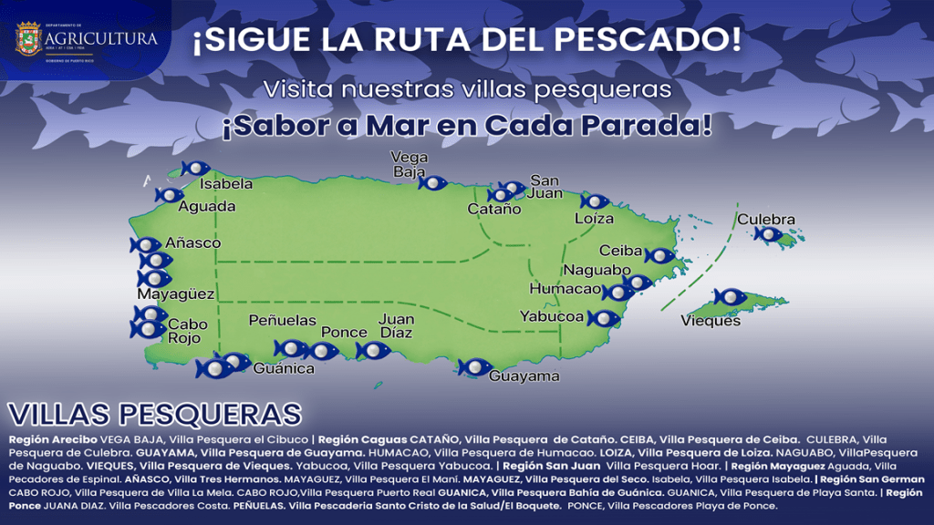 Mapa de Puerto Rico destacando las villas pesqueras con un lema de promoción turística.
