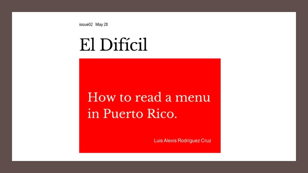 Portada de la publicación 'El Difícil', con el título 'Cómo leer un menú en Puerto Rico' en un cuadro rojo.