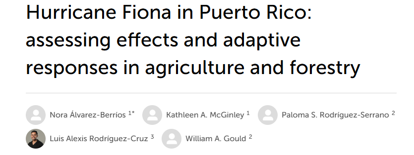 Título de investigación sobre el huracán Fiona en Puerto Rico, enfocándose en los efectos y respuestas adaptativas en la agricultura y la silvicultura, con los nombres de los autores.